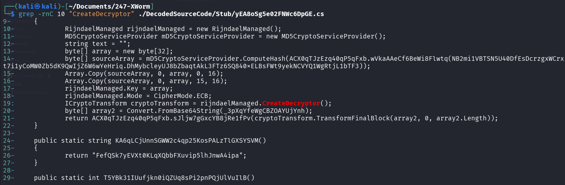 Decompiled C# source code showing the full decryption function: RijndaelManaged initialization, MD5CryptoServiceProvider hashing of a long obfuscated string, Array.Copy operations with 1-byte overlap at index 15, CipherMode.ECB, and CreateDecryptor call.